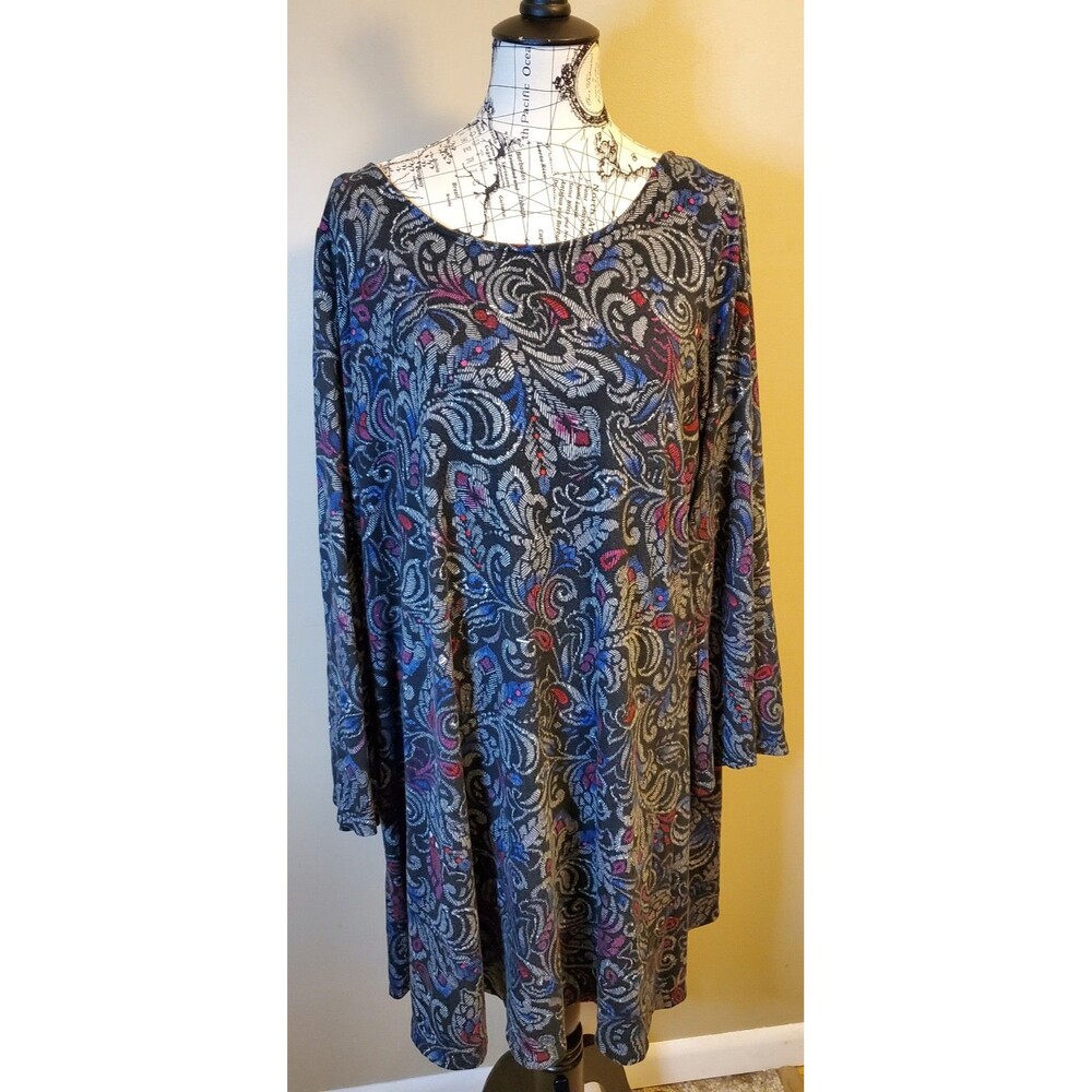 Boutique+ Plus Size 1X Black Paisley Swing Dress Long Sleeve Soft Stretch